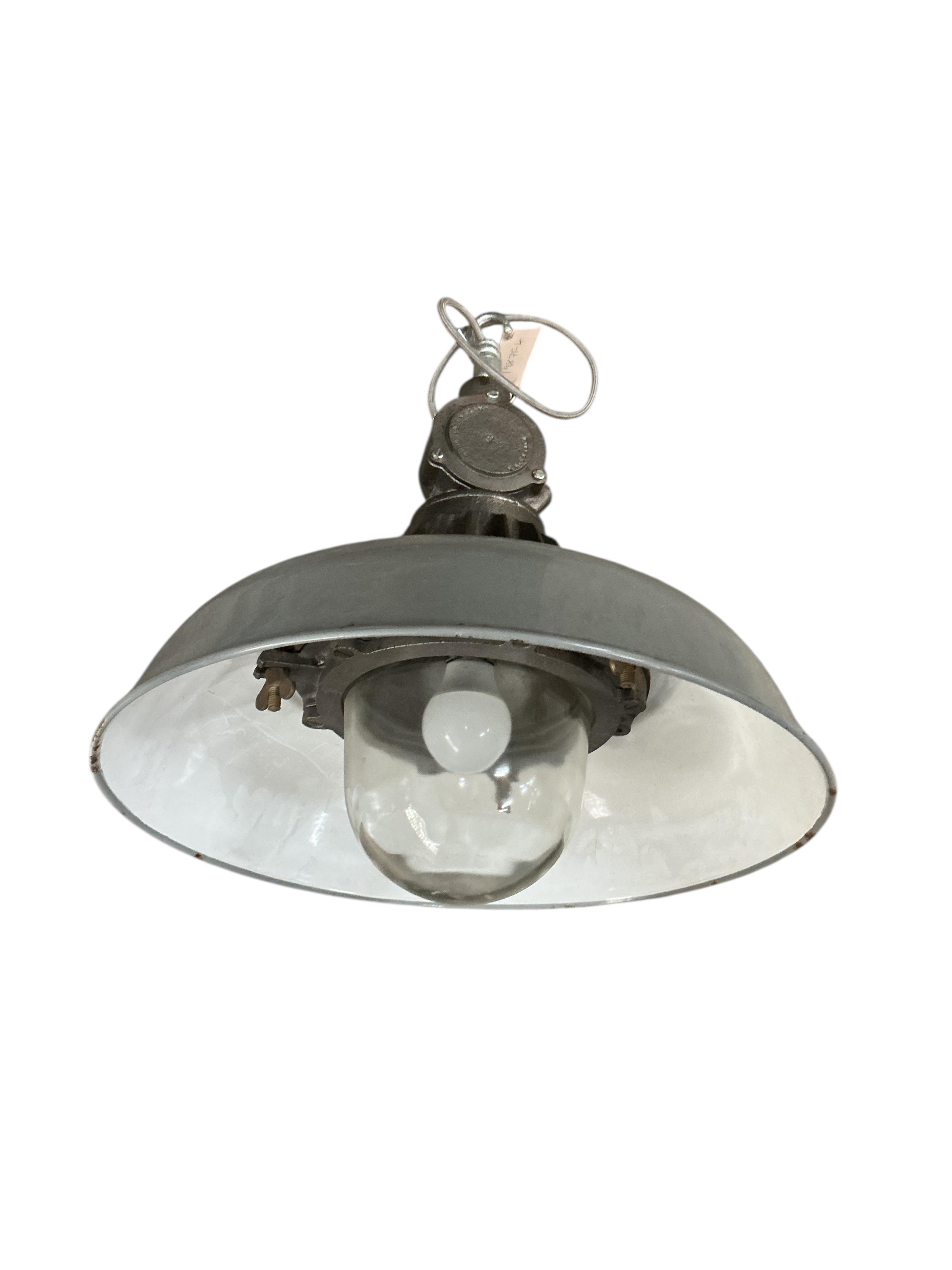 A pair of GEC grey enamel pendant ceiling lights, diameter 45cm, height 46cm